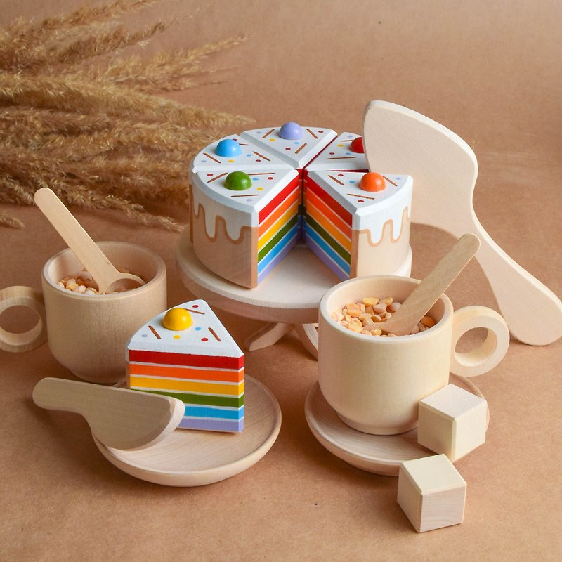 Wooden Tea Set Toddler with Rainbow Cake Toy for Wooden Play Kitchen Toy - ของเล่นเด็ก - ไม้ สึชมพู