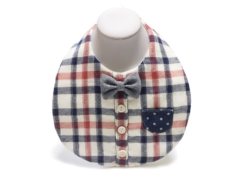 Plaid shirt gentleman bow tie style bib - ผ้ากันเปื้อน - ผ้าฝ้าย/ผ้าลินิน หลากหลายสี