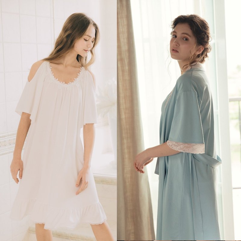 [Two-piece group - dress + robe] home service Hush tenderness - white and blue - ชุดนอน/ชุดอยู่บ้าน - ผ้าฝ้าย/ผ้าลินิน สีน้ำเงิน