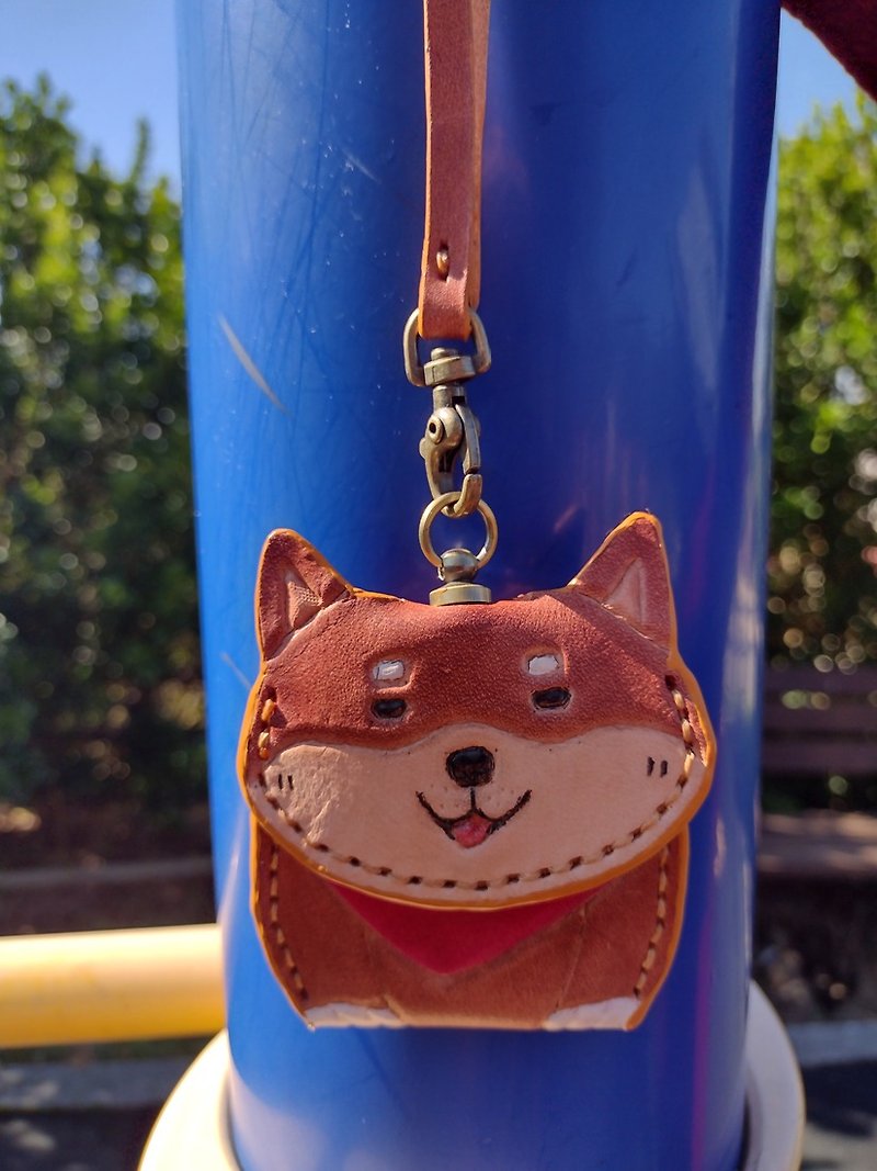 Cute smiling Shiba Inu pure leather coin purse/headphones/pouch - กล่องเก็บของ - หนังแท้ สีนำ้ตาล
