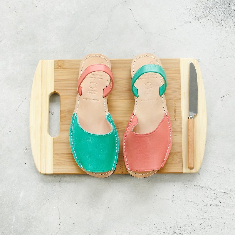 [23.5 & 24th Spot] Handmade Minimalist Open Toe Sandals - Green X Orange / Handmade / S2-15430L - รองเท้ารัดส้น - หนังแท้ 
