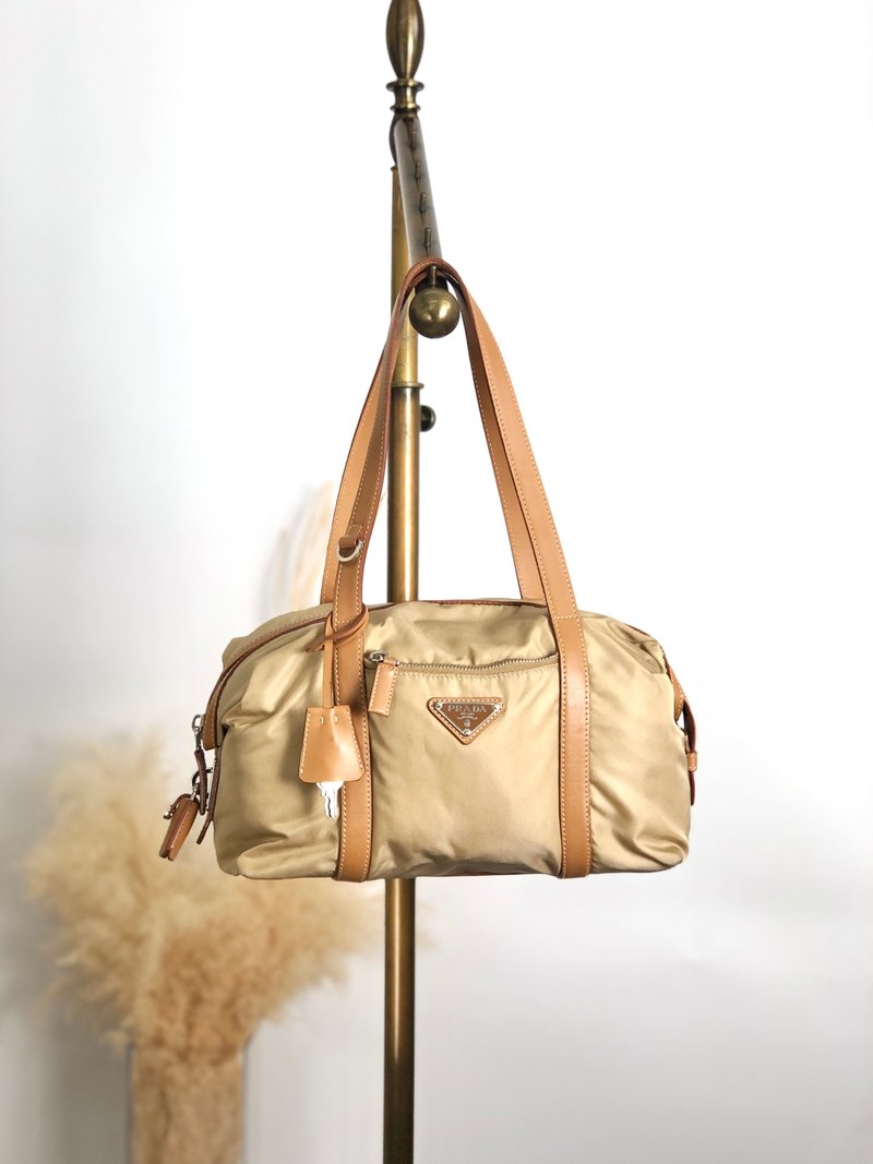 【 日本直送　名牌中古包 】PRADA プラダ ハンドバッグ ベージュ トライアングルロゴ ナイロン ミニボストン vintage ヴィンテージ ib6juf - 手提包/手提袋 - 尼龍 咖啡色