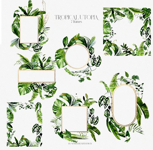Whiteheartdesign Tropical Greenery Watercolor Floral Clipart Green Tropic Leaves Frame