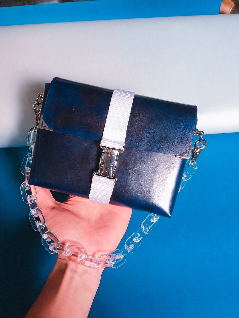 Lunch Box Leather Bag - 手拿包 - 真皮 藍色