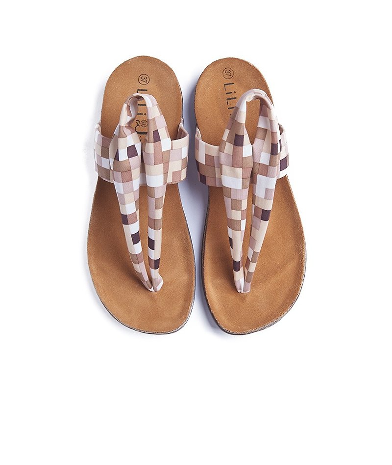 Zero Code-[Summer Travel] High-stretch Lycra Cloth Cork Slippers_Mosaic (22.5) - Sandals - Genuine Leather Khaki