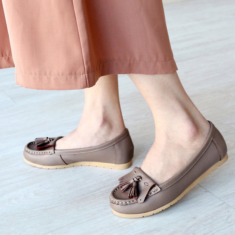 【First love】tassel flat shoes-cocoa-handmad shoes - Women's Casual Shoes - Genuine Leather Brown