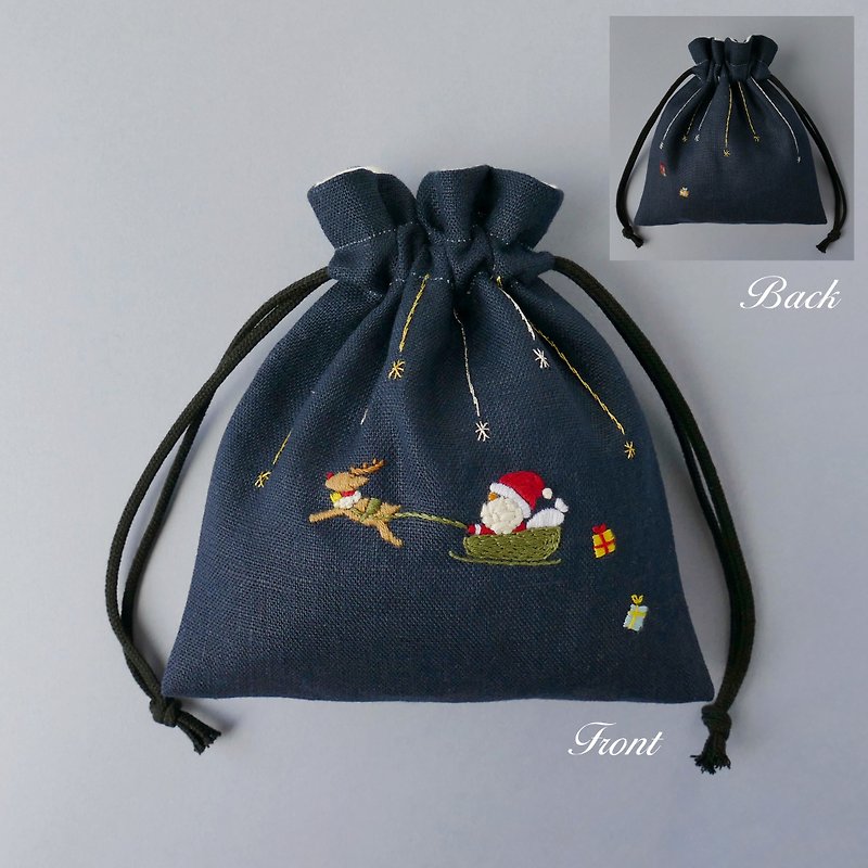 Christmas Eve Night Linen Hand Embroidery Drawstring Pouch - Toiletry Bags & Pouches - Cotton & Hemp Blue