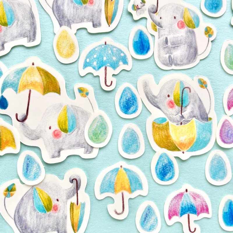 Rainy Elephant Flake Sticker (with postcard) - สติกเกอร์ - กระดาษ สีน้ำเงิน