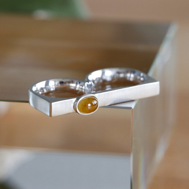 Handmade Yellow Jadeite Link Ring Sterling Silver Two Finger Ring - General Rings - Gemstone Orange