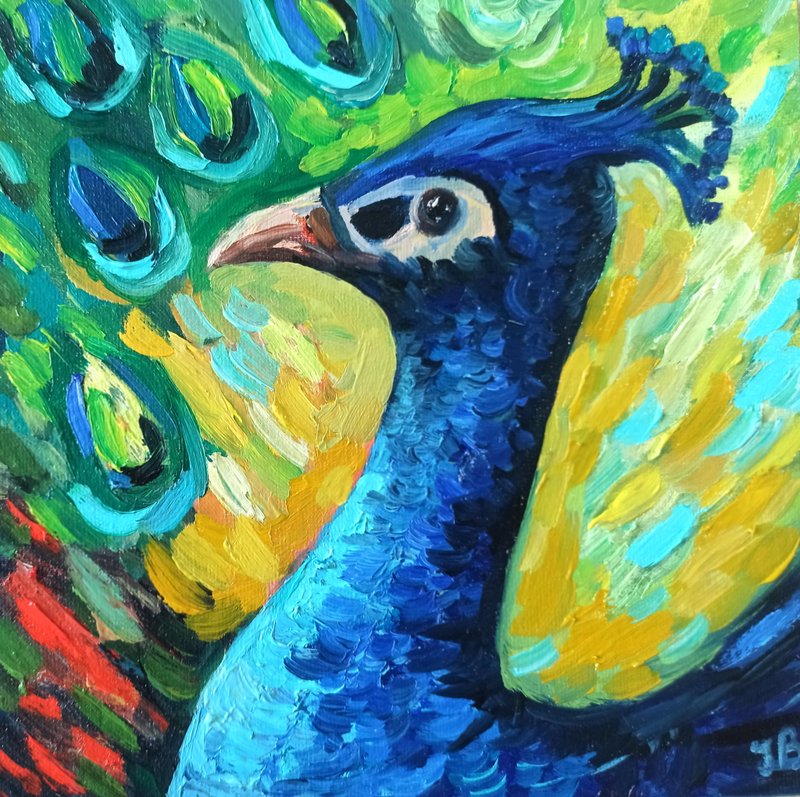 Peacock Oil Painting on Canvas Board 20x20cm Bird Original Art Small Wall Art - 海報/掛畫/掛布 - 其他材質 