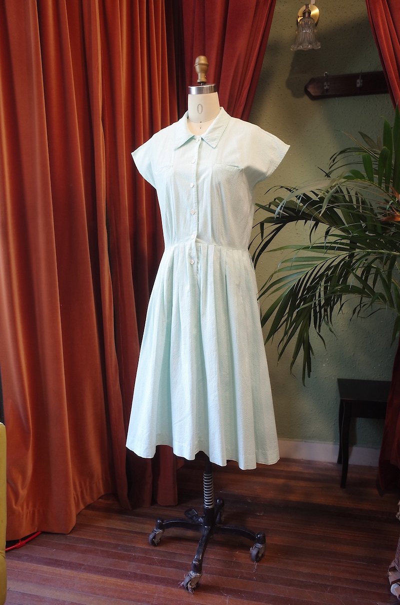 vintage dress清新薄荷綠條紋襯衫翻領連衣裙古著 - 連身裙 - 棉．麻 