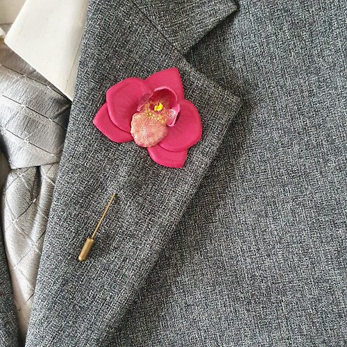 Leather Novel Men's lapel pin bordo orchid Leather boutonniere 3rd anniversary gift