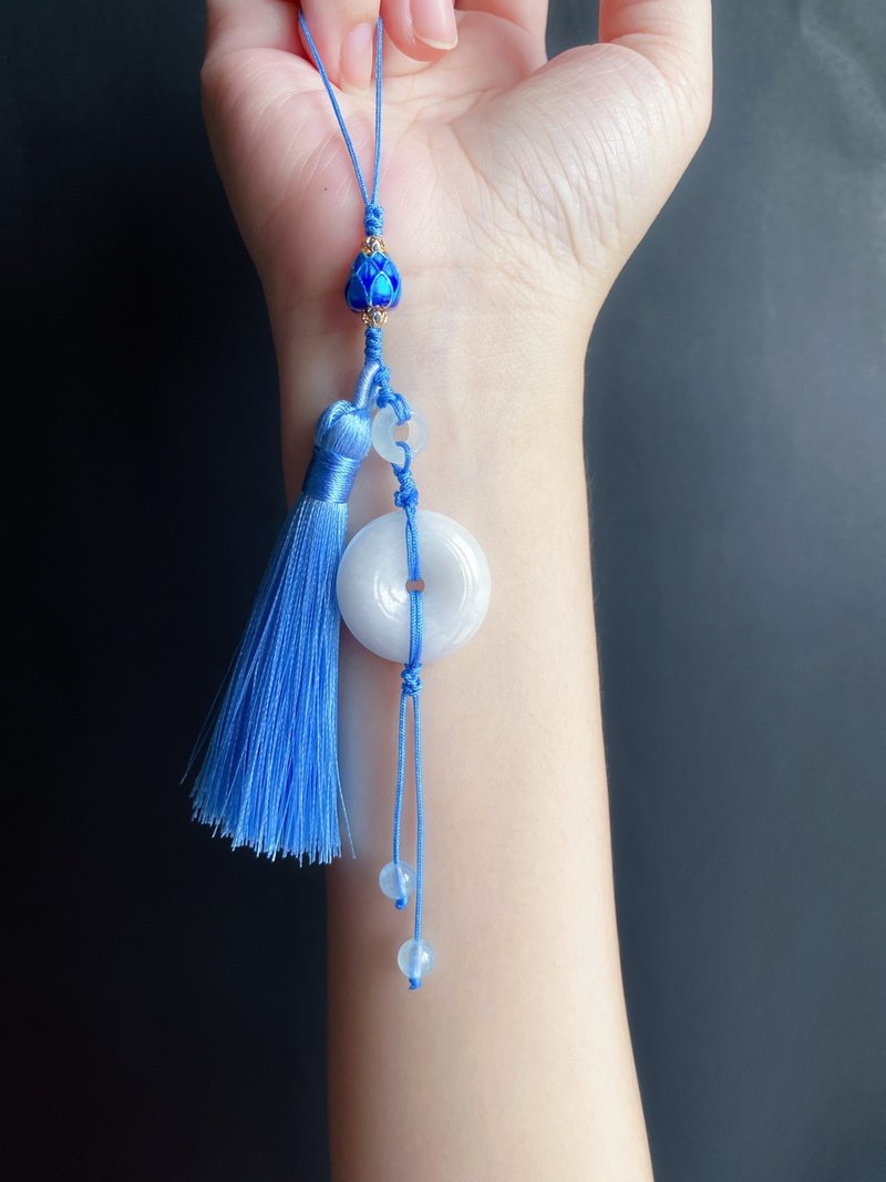 天然緬甸玉翡翠 平安扣 海藍寶 蓮花 手機鍊 禮物 包掛 - 吊飾/掛飾 - 玉石 藍色