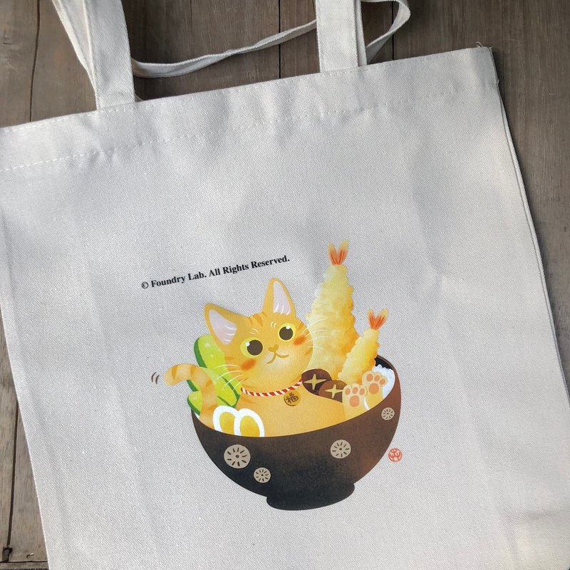 Tangerine cat rice bowl - cat illustration thick canvas bag with bottom - กระเป๋าถือ - วัสดุอื่นๆ สีส้ม