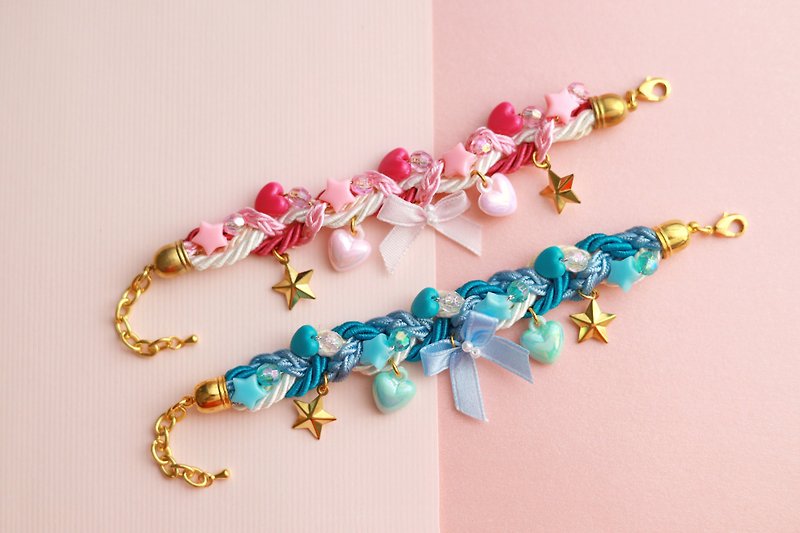 Cutie blue bow braided bracelet with charms - 手鍊/手鐲 - 聚酯纖維 多色