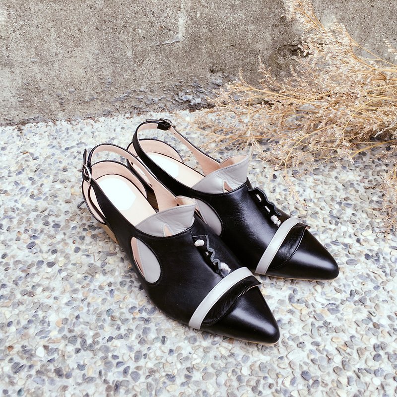 /The Deep/ Cliopsis - Black / gray - Special 3D modeling *Pointy-toe sandals* - Women's Leather Shoes - Genuine Leather Black