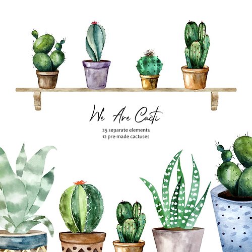 Art and Funny Watercolor Cacti, Cactuses and Succulent in Pots