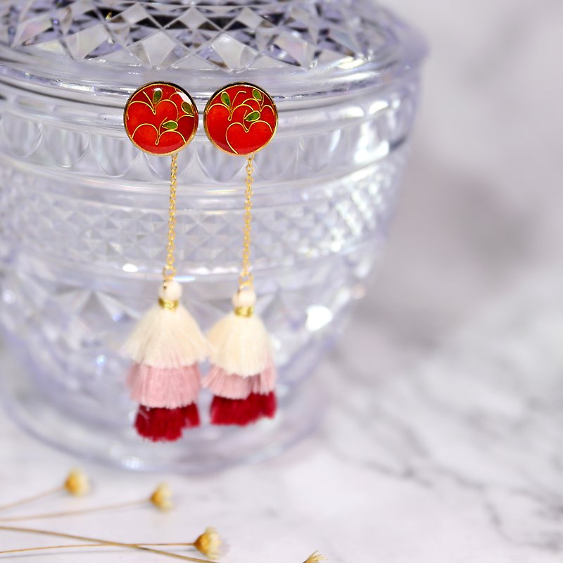 100% hand-made cloisonne craft gold wire enamel earrings ornaments red apples with tassels - ต่างหู - เครื่องประดับพลอย สีแดง