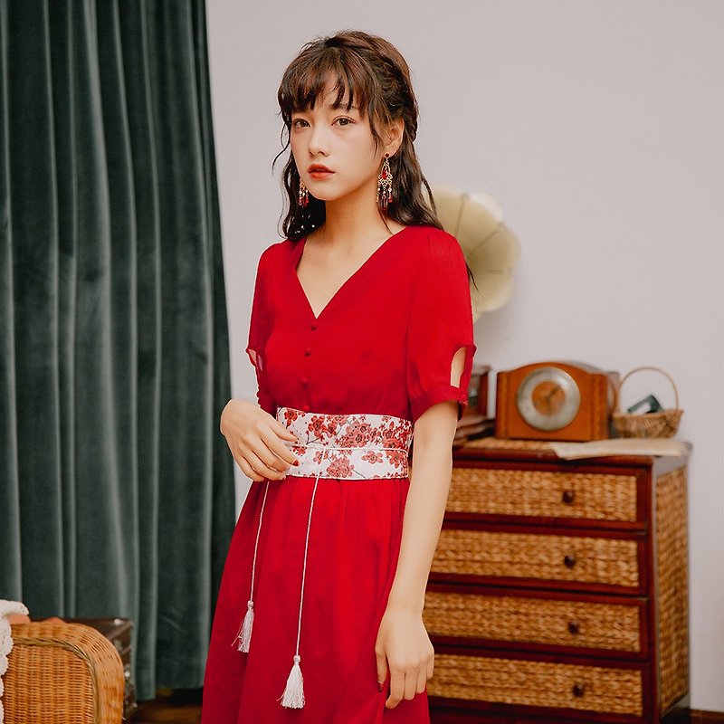 [thin section] Anne Chen 2019 women's summer V-neck with waistband dress dress 9368 - One Piece Dresses - Polyester Red