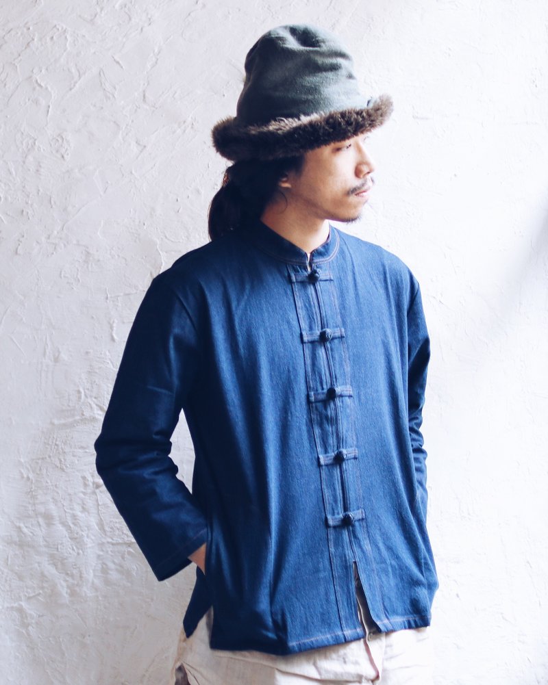 Omake costume buckle denim shirt (blue) - Men's Shirts - Cotton & Hemp Blue