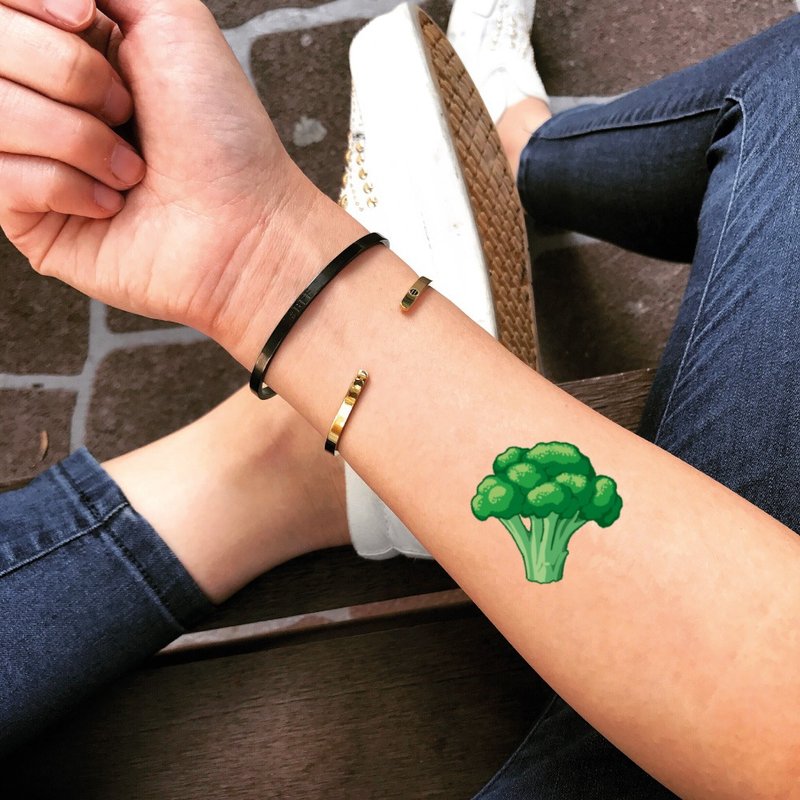 OhMyTat 西蘭花 Broccoli 刺青圖案紋身貼紙 (2 張) - 紋身貼紙/刺青貼紙 - 紙 綠色