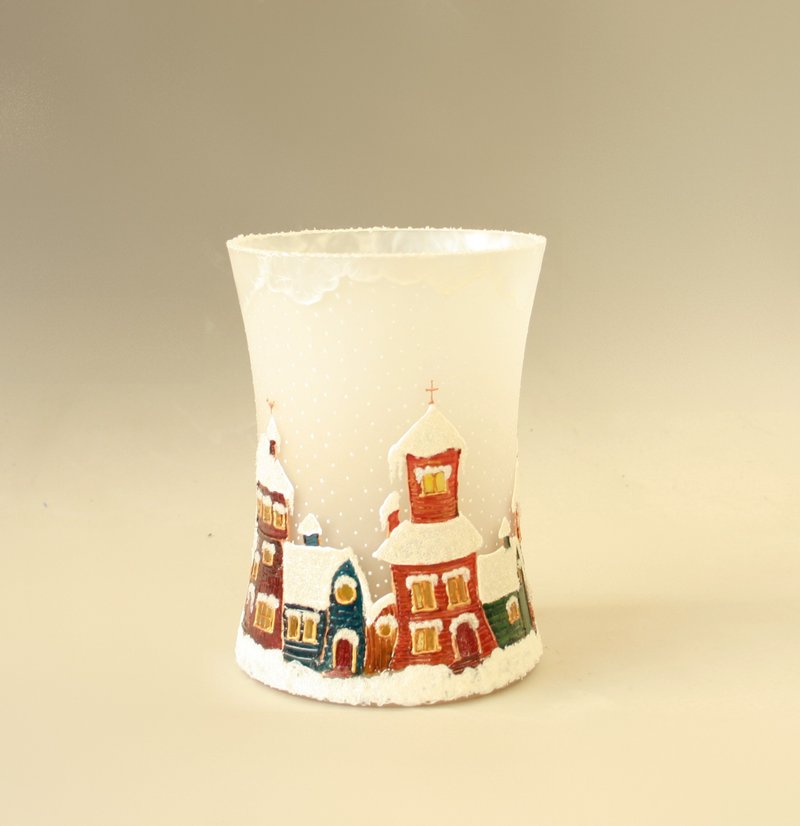 Winter Village Snow Matt Glass Vase Lamp Hand Painted Snowflakes CandleHolder - 擺飾/家飾品 - 玻璃 多色