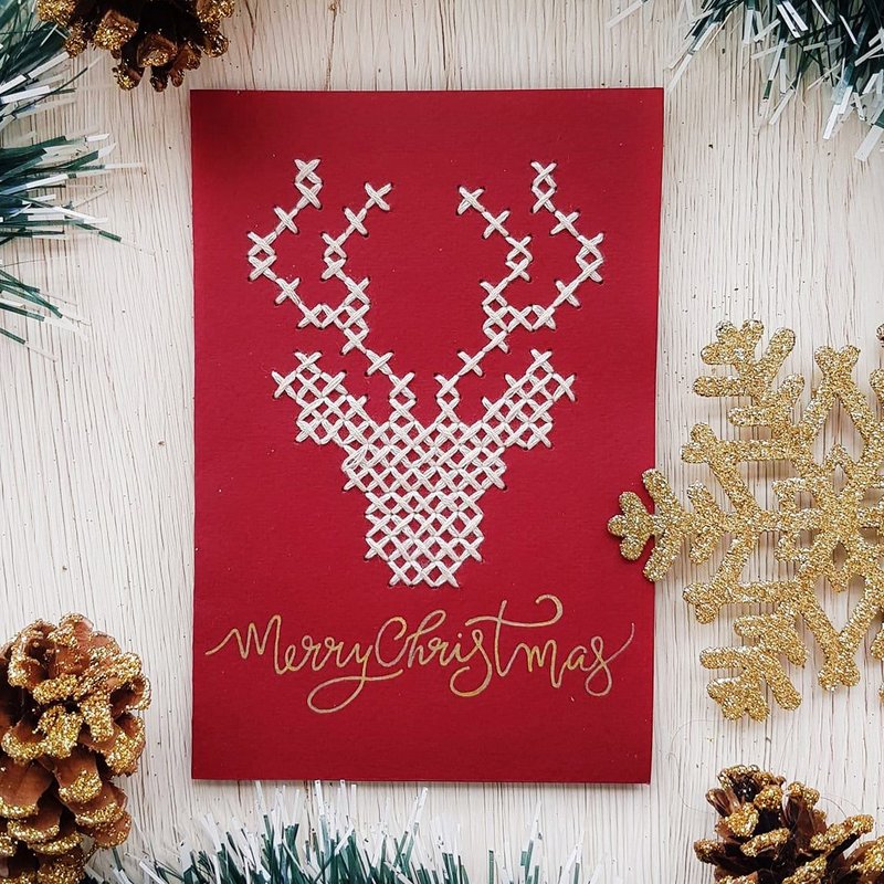 Hand made embroidery Christmas Card (reindeer) - 卡片/明信片 - 紙 紅色