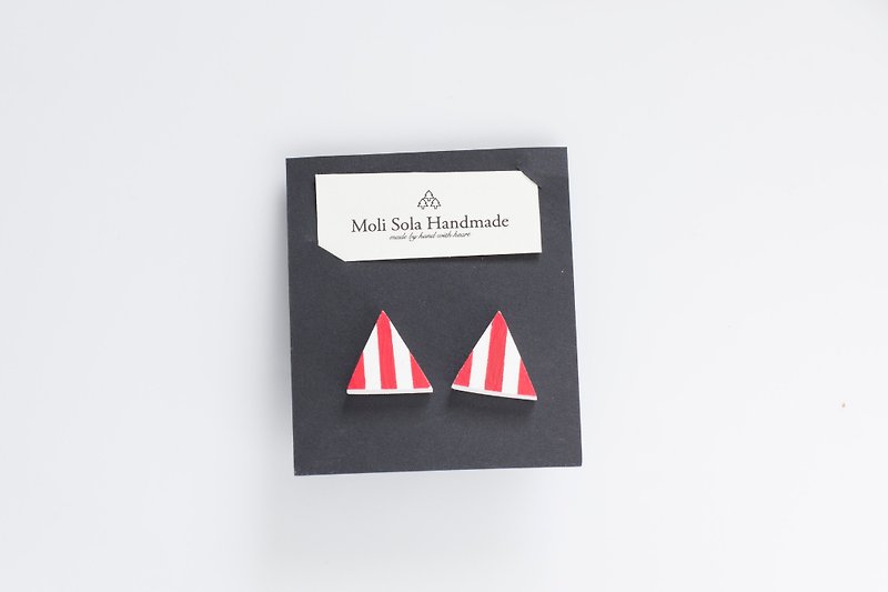 Hand made triangular clay earring earrings red stripes - ต่างหู - ดินเหนียว สีแดง