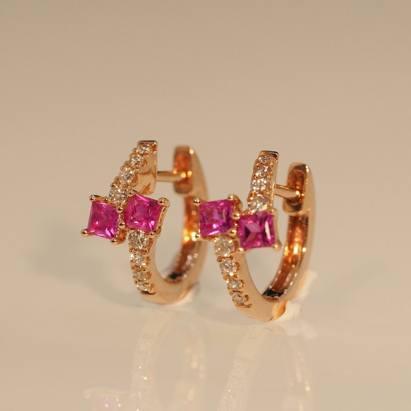 18K金粉紅寶石漩渦耳環 18K Gold Pink Sapphire Swirl Hoop Eari - 耳環/耳夾/耳骨夾 - 貴金屬 