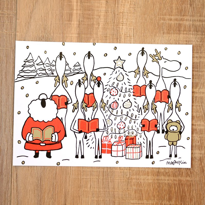 聖誕卡-2018聖誕老人與麋鹿日常明信片6號: 聖誕合唱團 - 心意卡/卡片 - 紙 金色