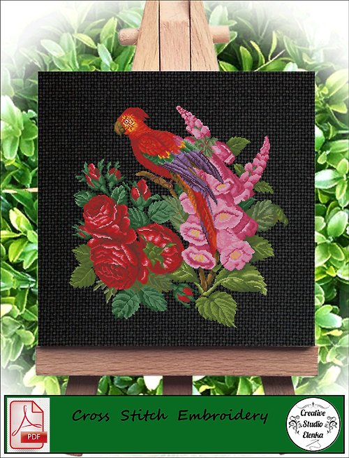 CreativeStudioElenka Vintage Cross Stitch Scheme Flowers and birds - PDF Embroidery Scheme