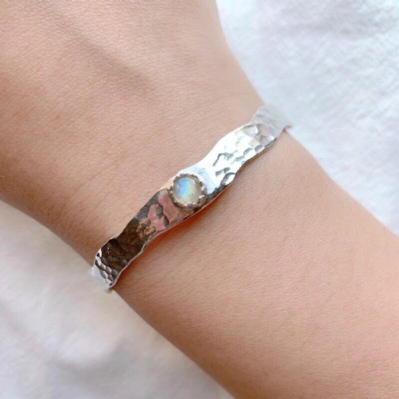Labradorite 925 sterling silver baroque forged texture bracelet - Bracelets - Gemstone Silver