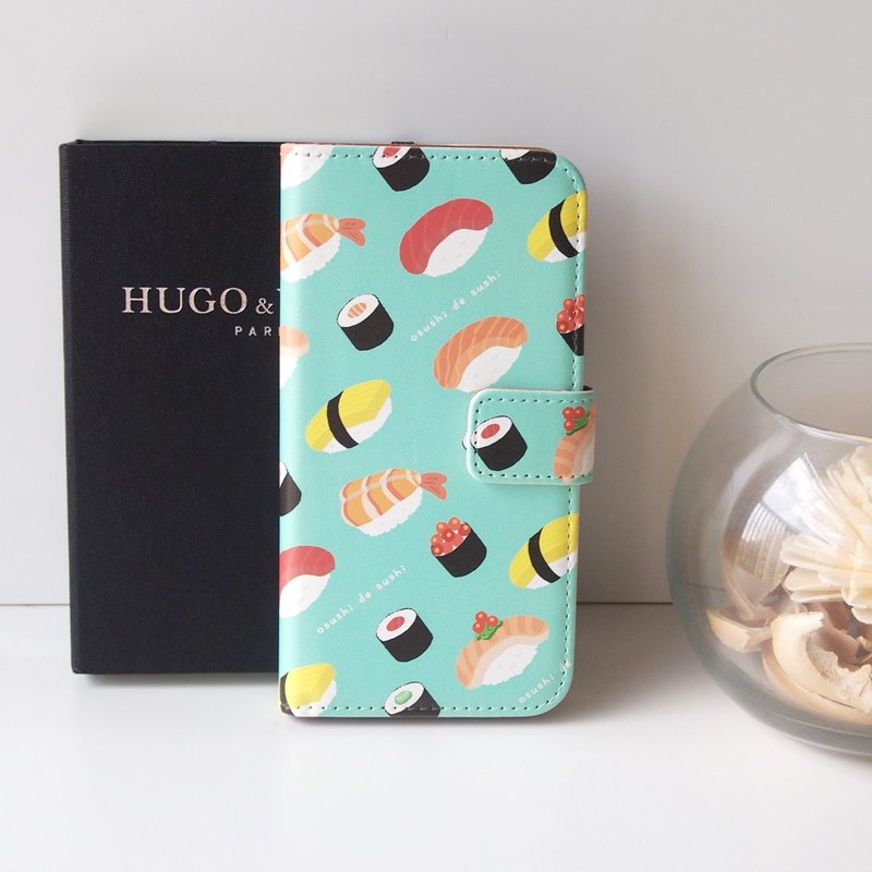 Notebook type phone case - Sushi de sushi- - เคส/ซองมือถือ - หนังเทียม สีน้ำเงิน