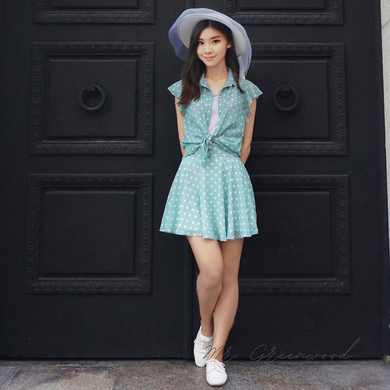Water jade dot fine check chiffon suit - One Piece Dresses - Other Man-Made Fibers Green