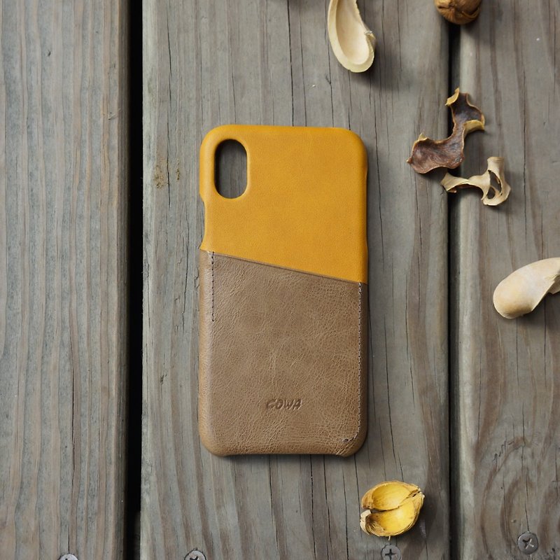 iPhone X 雙色皮革手機殼-橙黃/褐色/可插卡/ - 其他 - 真皮 橘色