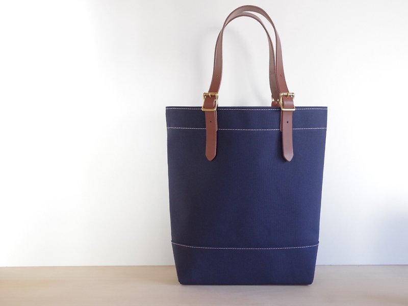Leather handle canvas tote bag navy - Messenger Bags & Sling Bags - Genuine Leather Blue