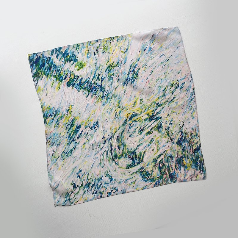 限定アートの抽象的な正方形の水 - スカーフ - シルク・絹 グリーン