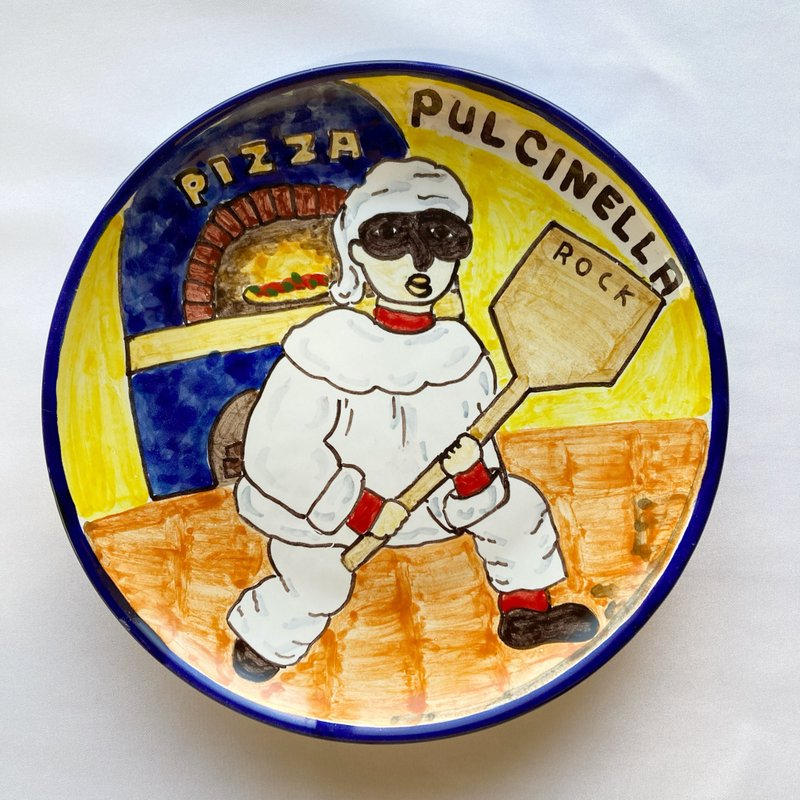 絵皿20cm CRC017  マヨリカ焼き イタリア陶器　プルチネッラ　ナポリ ピッツァ - 盤子/餐盤/盤架 - 陶 藍色