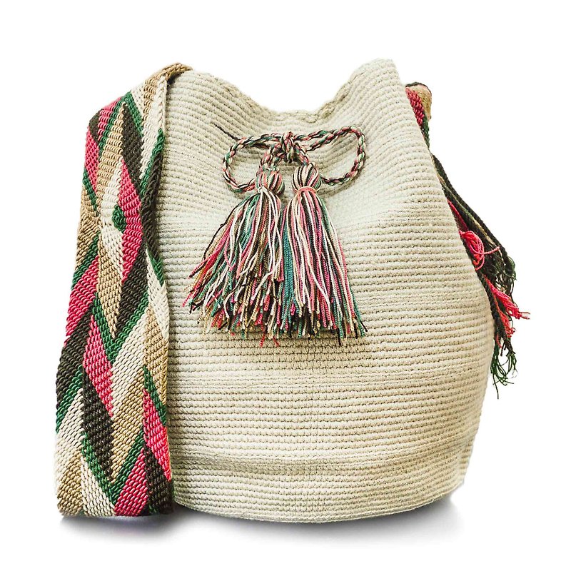 Wayuu Bag Wayou Bag (L) / Colombia handmade / each one only one [Andes break] - กระเป๋าแมสเซนเจอร์ - ผ้าฝ้าย/ผ้าลินิน ขาว