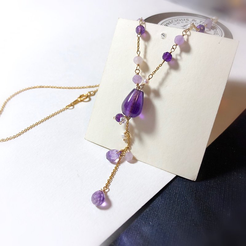 紫水晶水滴形珍珠項鏈 精緻高貴氣質 14K金 原創手工客製 - 項鍊 - 寶石 紫色