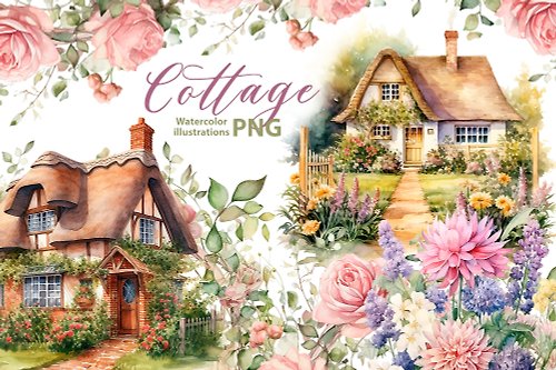 Natali Mias Store Watercolor English cottage clipart set, 7 Png, vintage floral Clipart watercolor