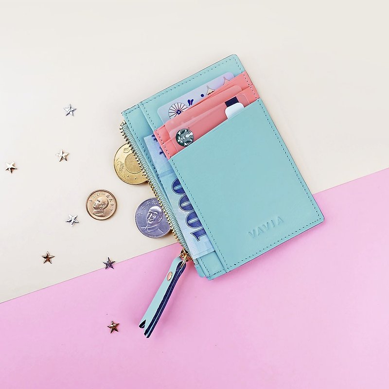 Mint Blue & Coral Pink: Zipped Card Purse / Cow Leather - 銀包 - 真皮 藍色