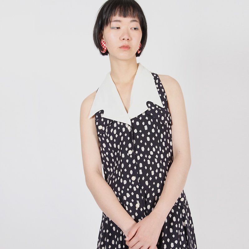 [Egg Plant Vintage] Fallen White Collar Print Sleeveless Vintage Dress - One Piece Dresses - Polyester Black