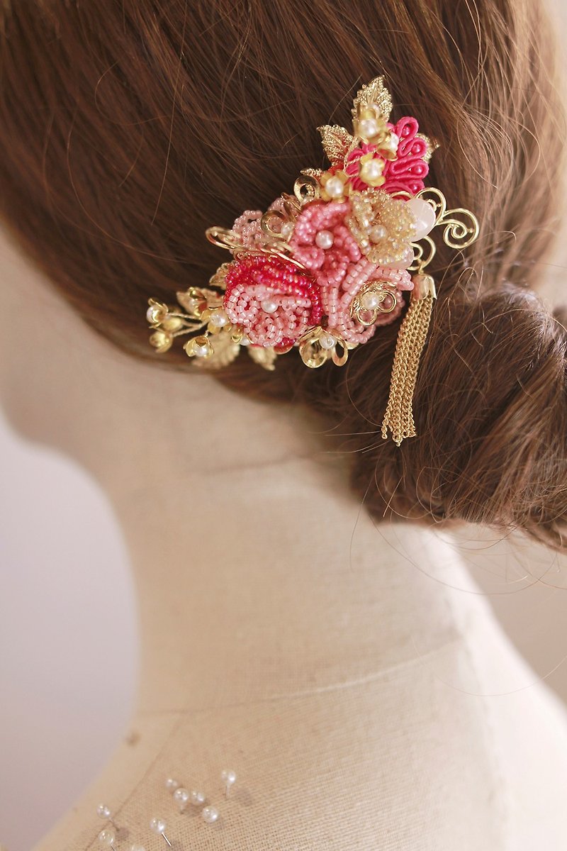 Bridal Headpiece,華麗新娘中式頭飾,裙褂頭飾,新娘飾品,新娘花飾 - 髮夾/髮飾 - 玻璃 粉紅色