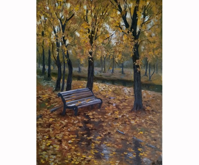 秋の木の絵画オリジナルアート国立公園の風景画秋のベンチ - ショップ
