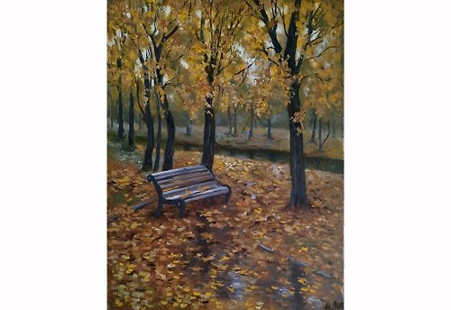 AmazingPaintingsIrina Fall trees painting Original Art National Park Landscape artwork Autumn bench