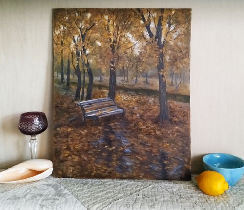 秋の木の絵画オリジナルアート国立公園の風景画秋のベンチ - ショップ