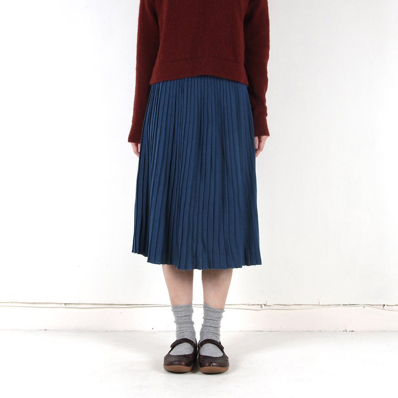 Ancient】 【egg plant Turkish stone wool knitted vintage pleated skirt - Skirts - Wool Blue