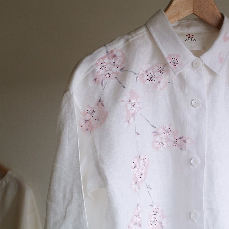 Linen shirt dress white cherry blossoms - One Piece Dresses - Cotton & Hemp White
