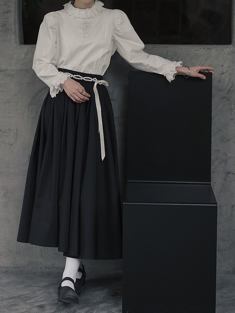 黒の伸縮性ウエストレトロふくらんでいるスカート、クラシックなオールマッチハイウエストプリーツロングスカート - スカート - コットン・麻 ブラック